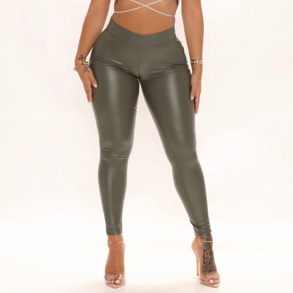 Olive Faux Leather Leggings (Fashionova)